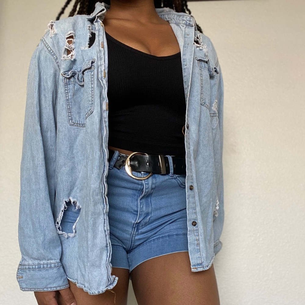 Distressed blue denim flannel